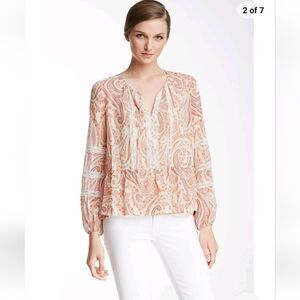 BCBGMaxAzria 100% Silk Cerise Pink Clay Combo Sheer Blouse Size XXS